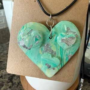 Green Heart Necklace Pendant Heart Polymer Clay Resin 18” Black Adjustable Chord